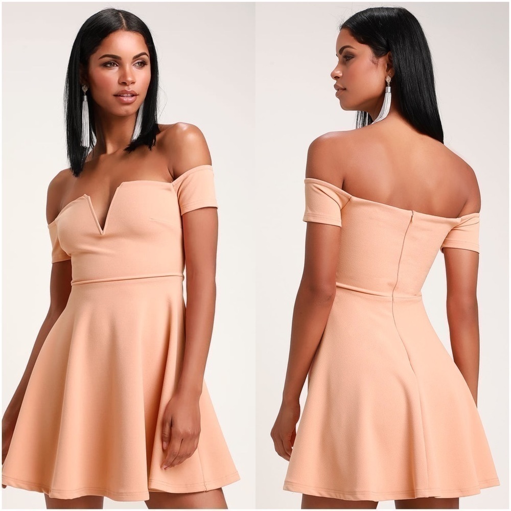 LULU’S Play The Party Peach Off The Shoulder Skater Dress
